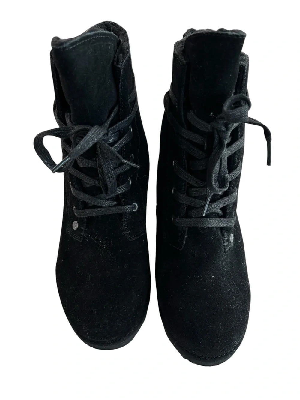BearPaw Black Suede Lace-Up Wedge Ankle Boot